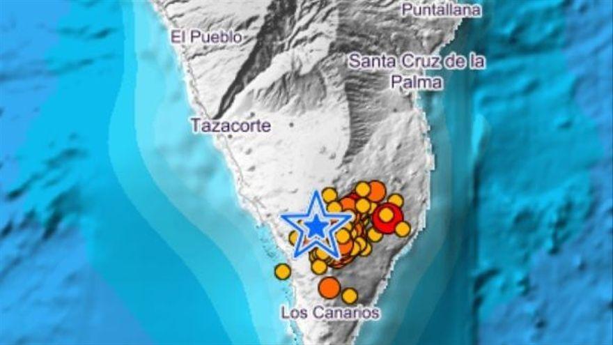 Mapa en el que se muestran la cuarentena de terremotos registrados esta noche en La Palma.