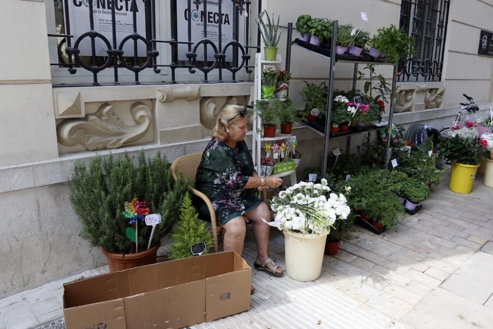 Montaje de los quioscos de flores en la Alameda.