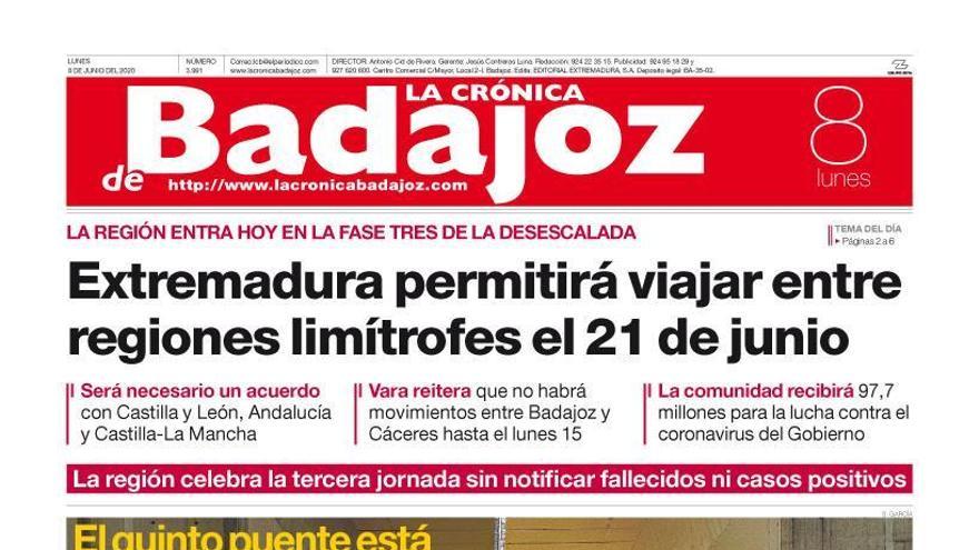 Esta es la portada de LA CRÓNICA DE BADAJOZ correspondiente al día 8 de junio del 2020