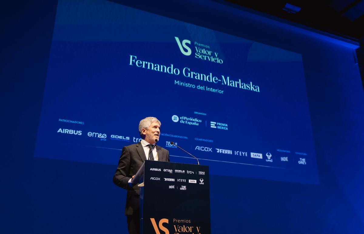 El ministro del Interior, Fernando Grande-Marlaska, durante su discurso de apertura institucional en los Premios Valor y Servicio, organizados por Prensa Ibérica y ‘El Periódico de España’.