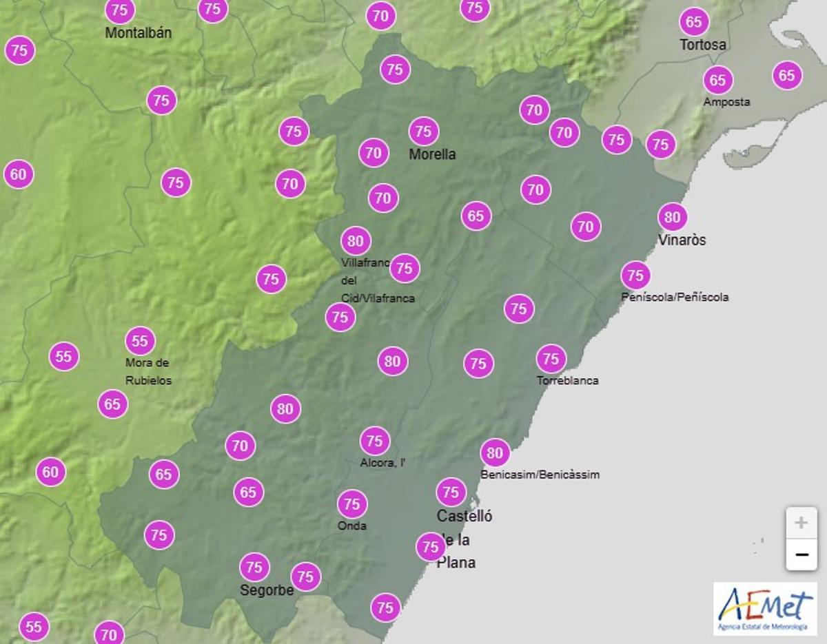 Probabilidad de lluvia en Castellón entre las 0.00 y las 6.00 horas del miércoles.