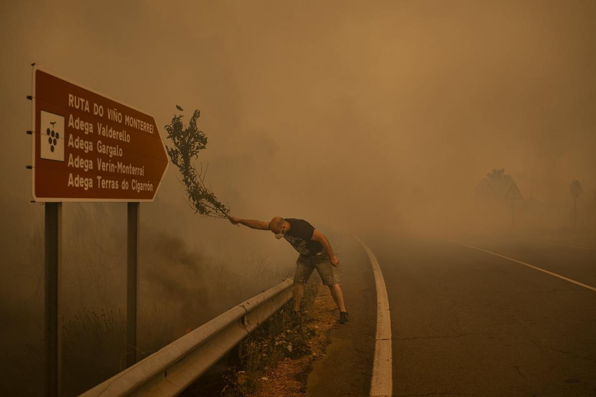 Un hombre combate un incendio forestal con una rama en Cualedro