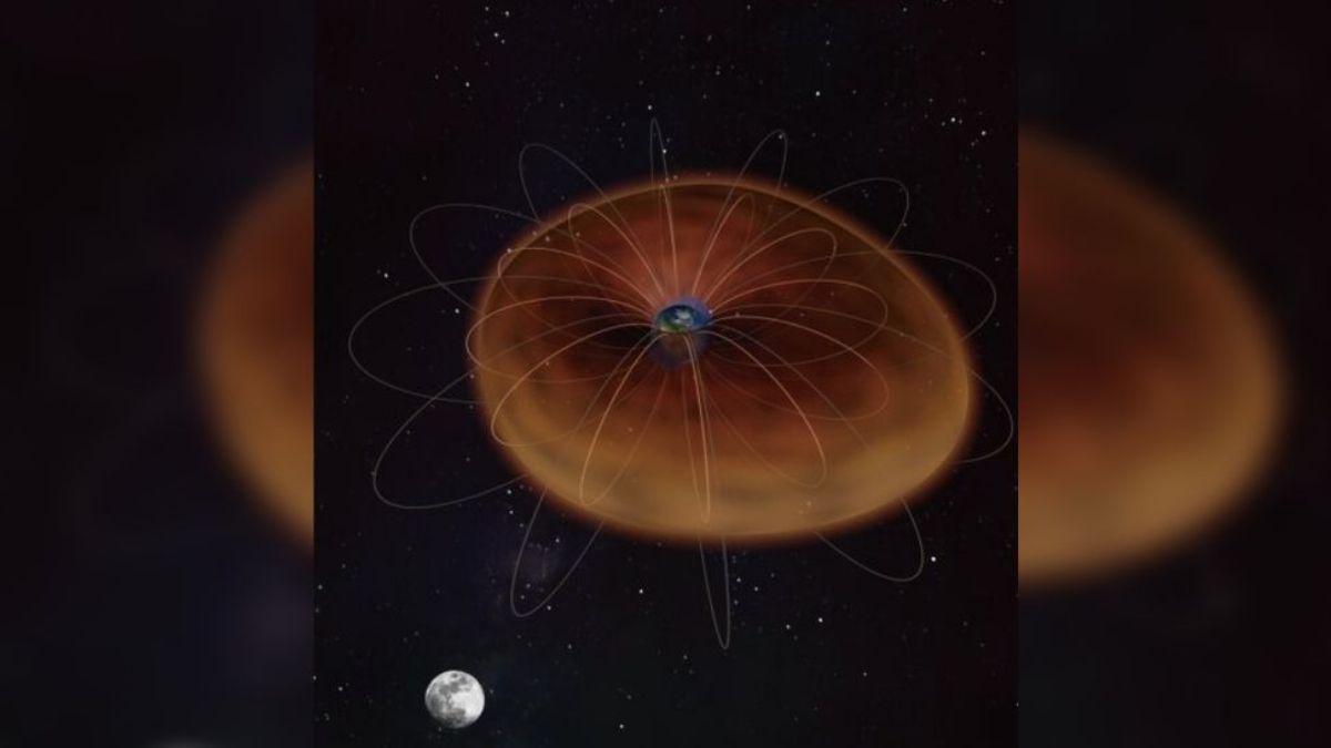 Ilustración que compara el impacto de la luna en las mareas oceánicas (azul) con su impacto en las mareas de la plasmasfera (naranja).