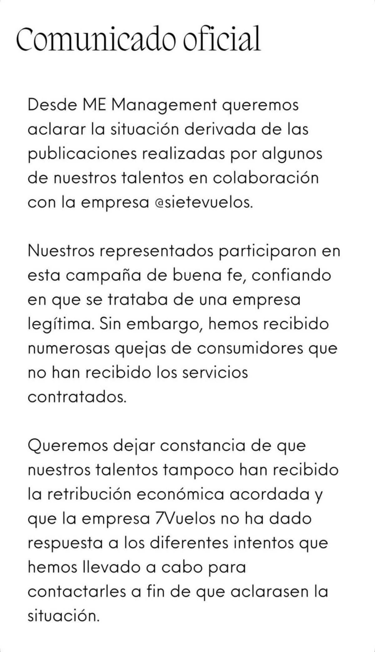 Comunicado de Me Management.