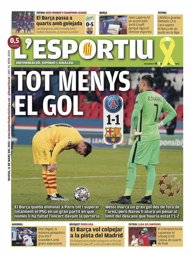 La portada de LEsportiu del 11/03/21