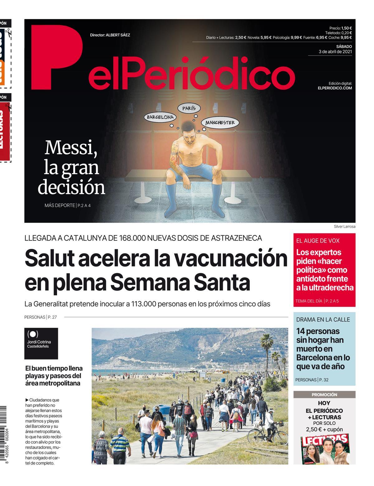 La portada d’EL PERIÓDICO del 3 d’abril del 2021