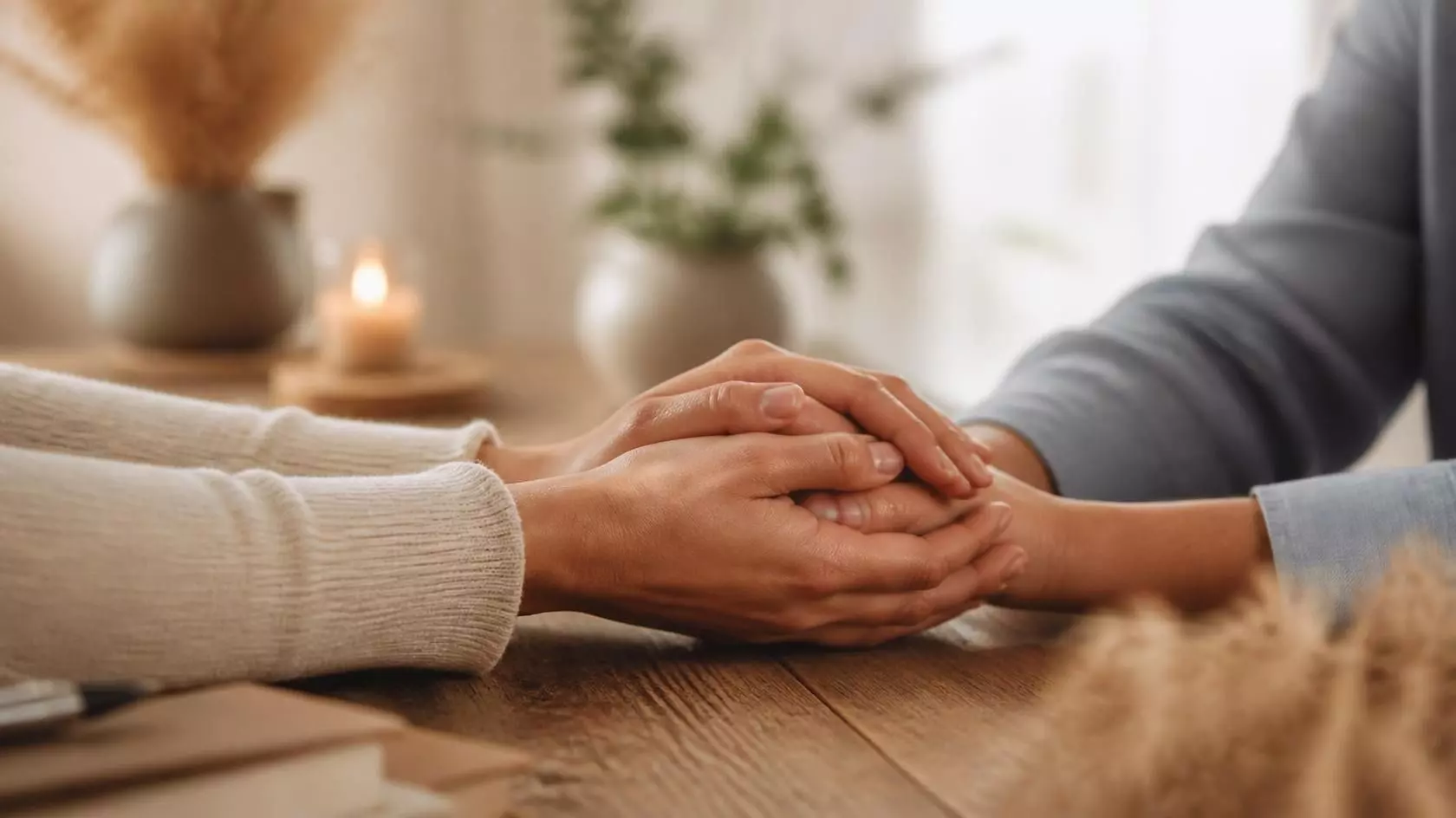 Manos entrelazadas en un ambiente cálido que simboliza la reconciliación y el éxito de un amarre de amor.