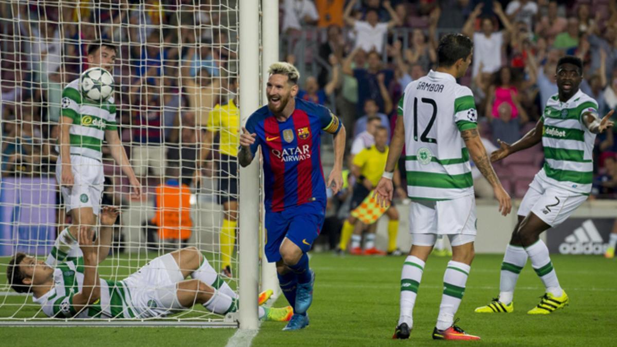 Leo Messi celebra uno de sus goles en el 7-0 del Barça-Celtic de la Champions 2016/17