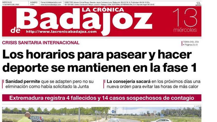 Esta es la portada de LA CRÓNICA DE BADAJOZ correspondiente al día 13 de mayo del 2020