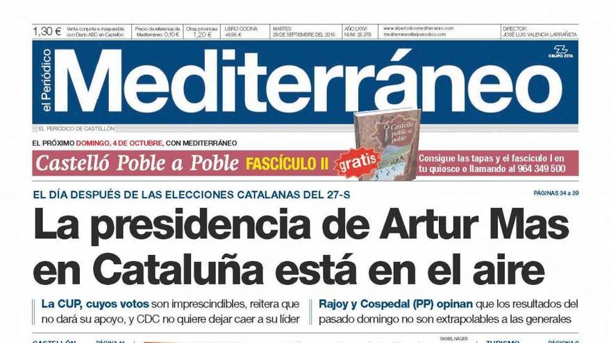 La presidencia de Artur Mas en el aire, en la portada de Mediterráneo