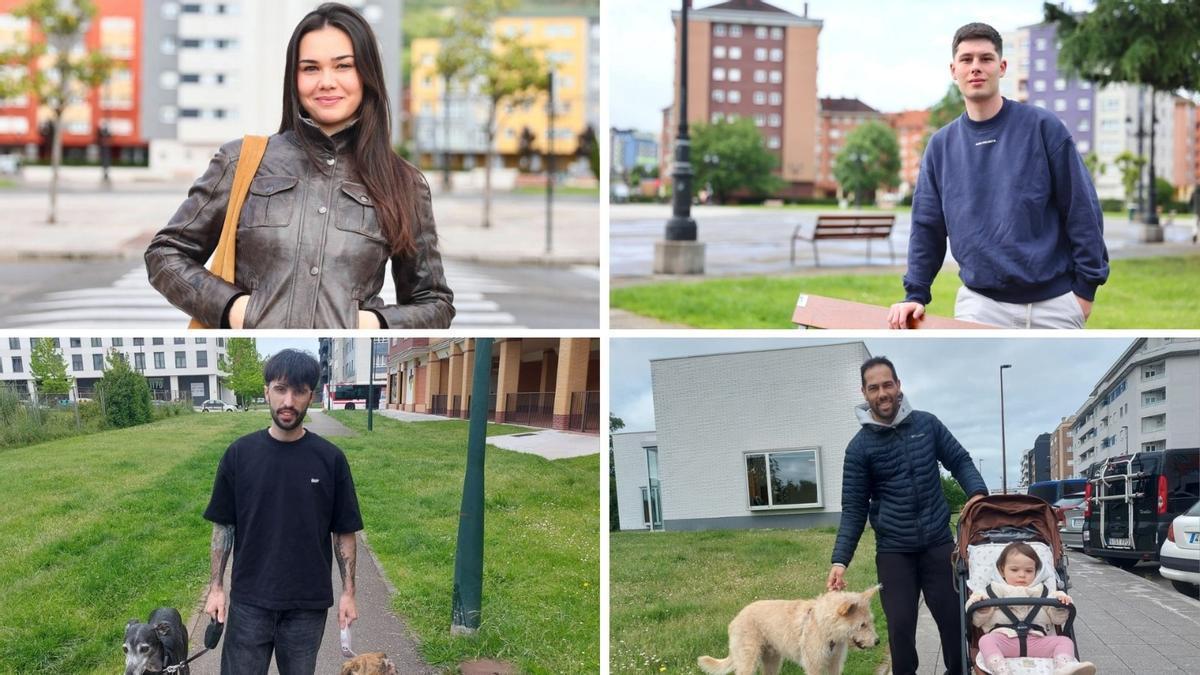 Por la izquierdad, de arriba abajo Lucía López y Pelayo García, en La Corredoria; y Adrián Bragaña, con sus perros, y  - Faustino Rodríguez, con su hija Greta y el "Pistacho", en Nuevo Roces, en Gijón.