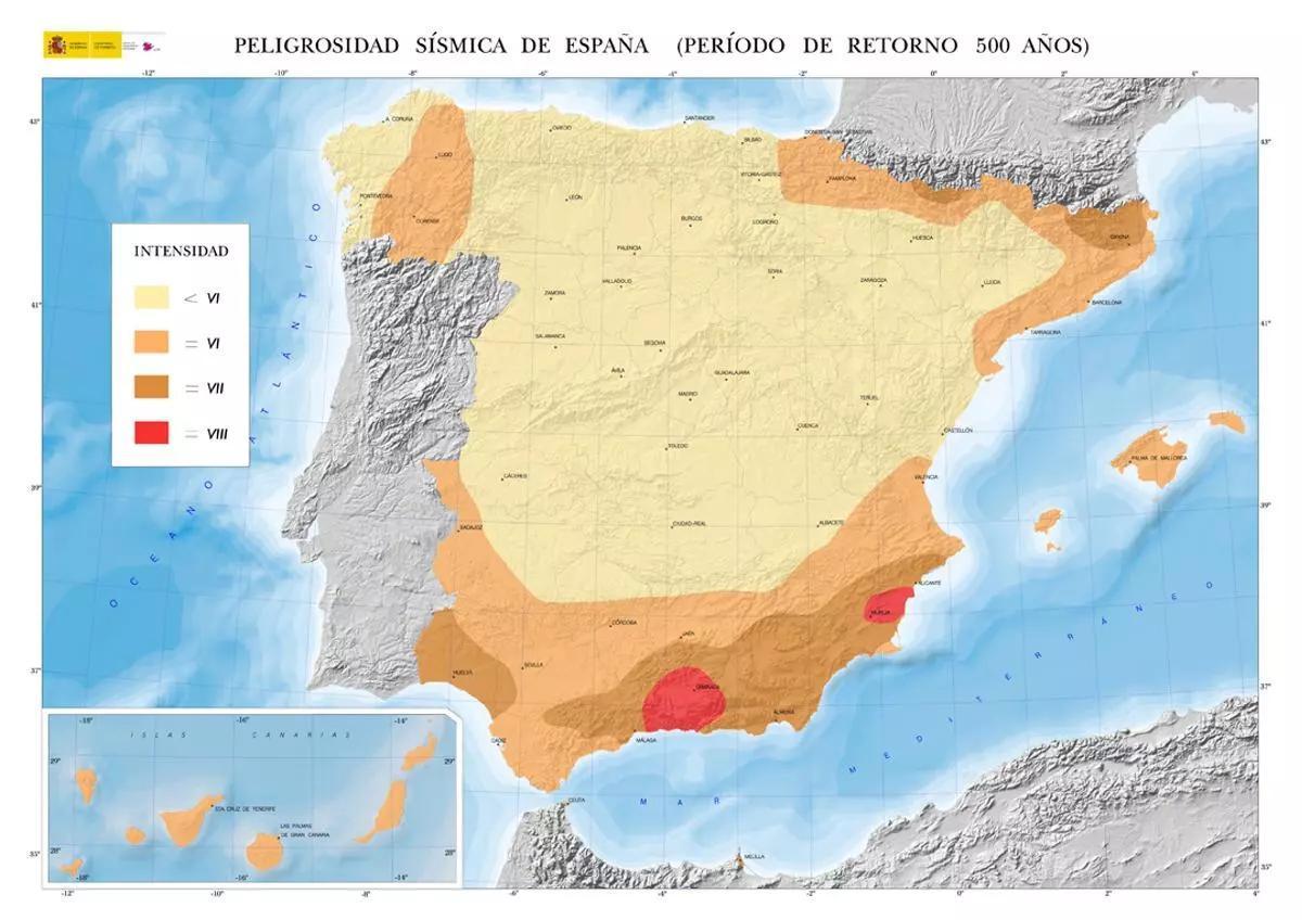 Mapa de peligrosidad sísmica en España donde destaca la Vega Baja y Granada