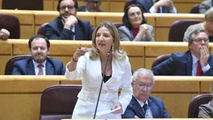 La portavoz del Partido Popular en el Senado, Alicia García Rodríguez, interviene durante una sesión de control al Gobierno, en el Senado, a 12 de marzo de 2024, en Madrid (España). El presidente del Gobierno comparece por primera vez esta legislatura en