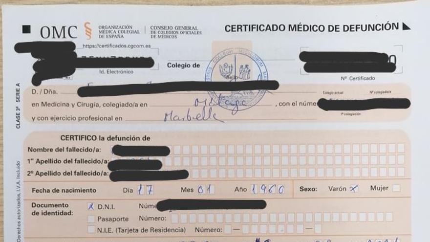 Certificado médico de defunción cedido por la familia. / L.O.