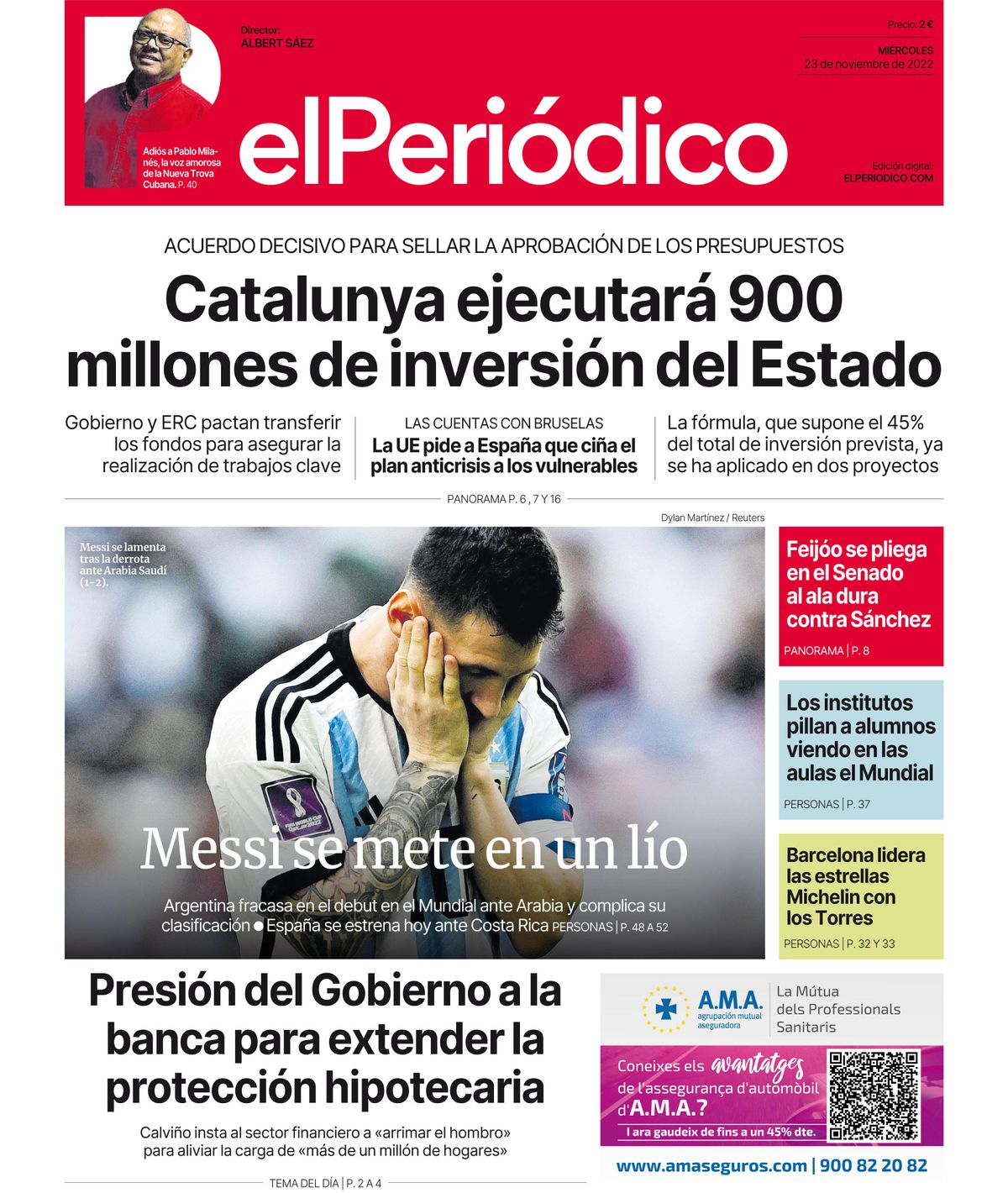 La portada d’EL PERIÓDICO del 23 de novembre del 2022