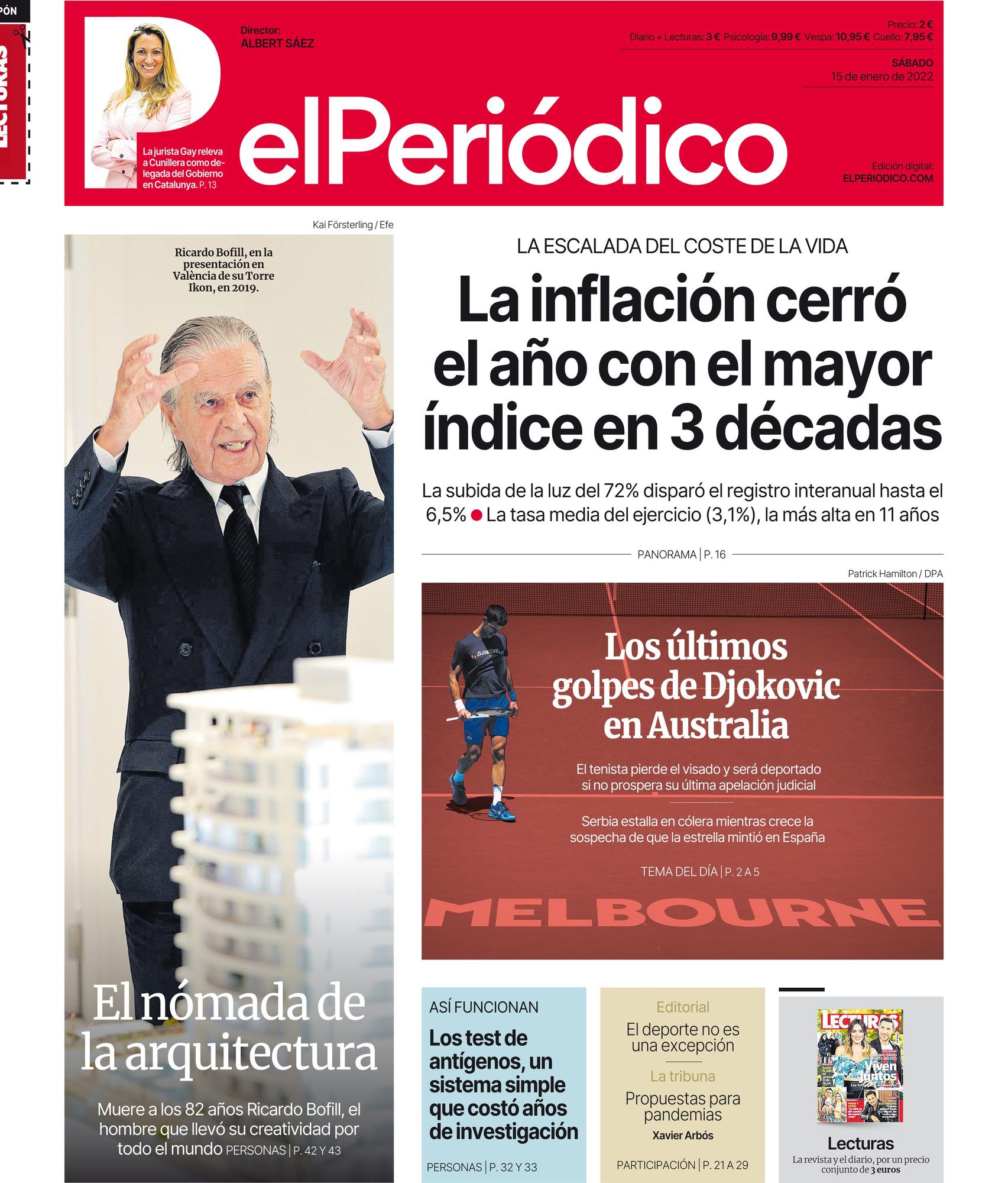 La portada de EL PERIÓDICO del 15 de enero de 2022