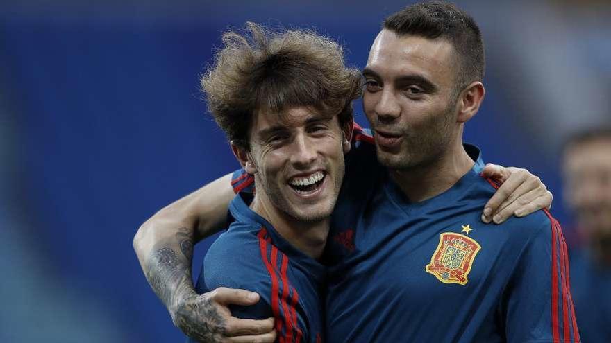 Odriozola y Aspas, durante el entrenamiento de ayer. // Efe