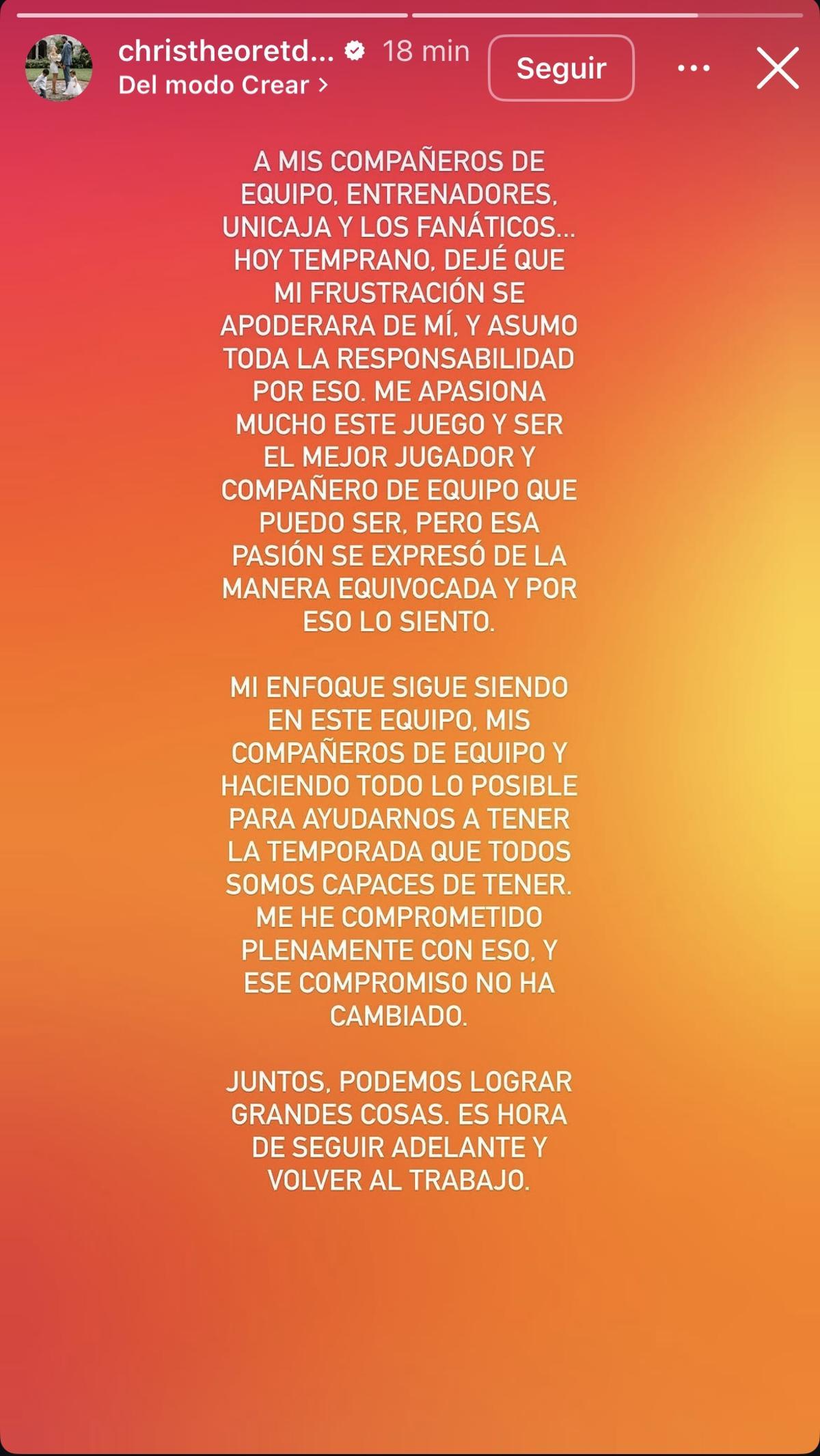 Segundo mensaje de Chris Duarte en su story de Instagram.