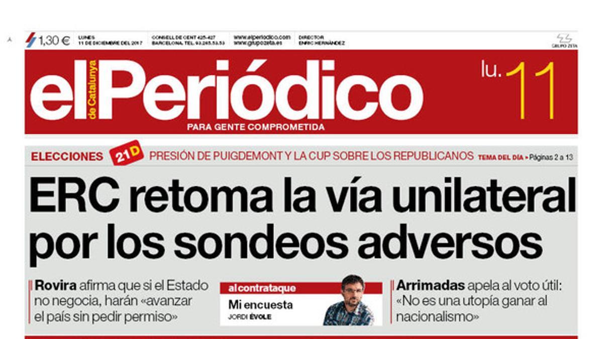 La portada de EL PERIÓDICO del 11 de diciembre del 2017