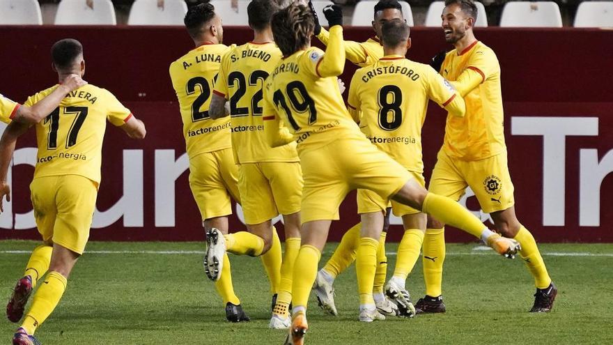 Pablo Moreno celebrant el 
gol ahir a Albacete. 
 LOF.