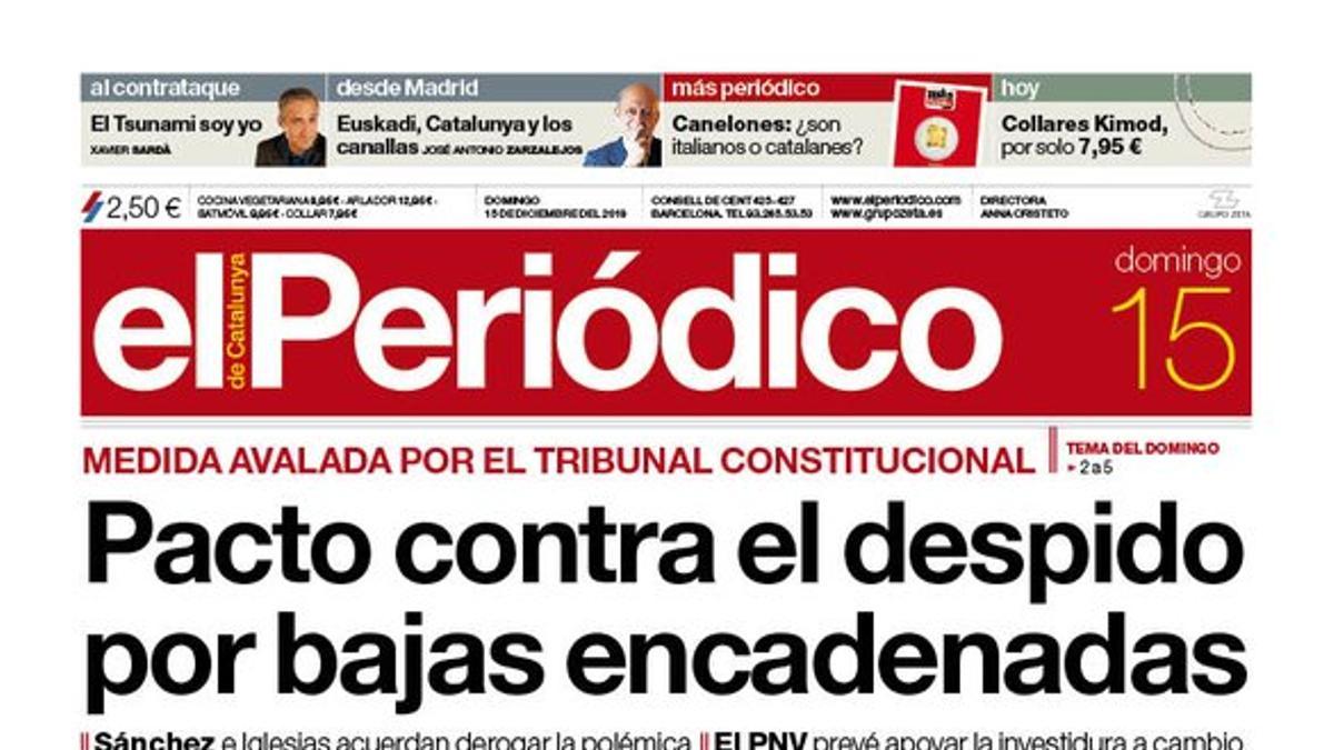 La portada de EL PERIÓDICO del 15 de diciembre del 2019.