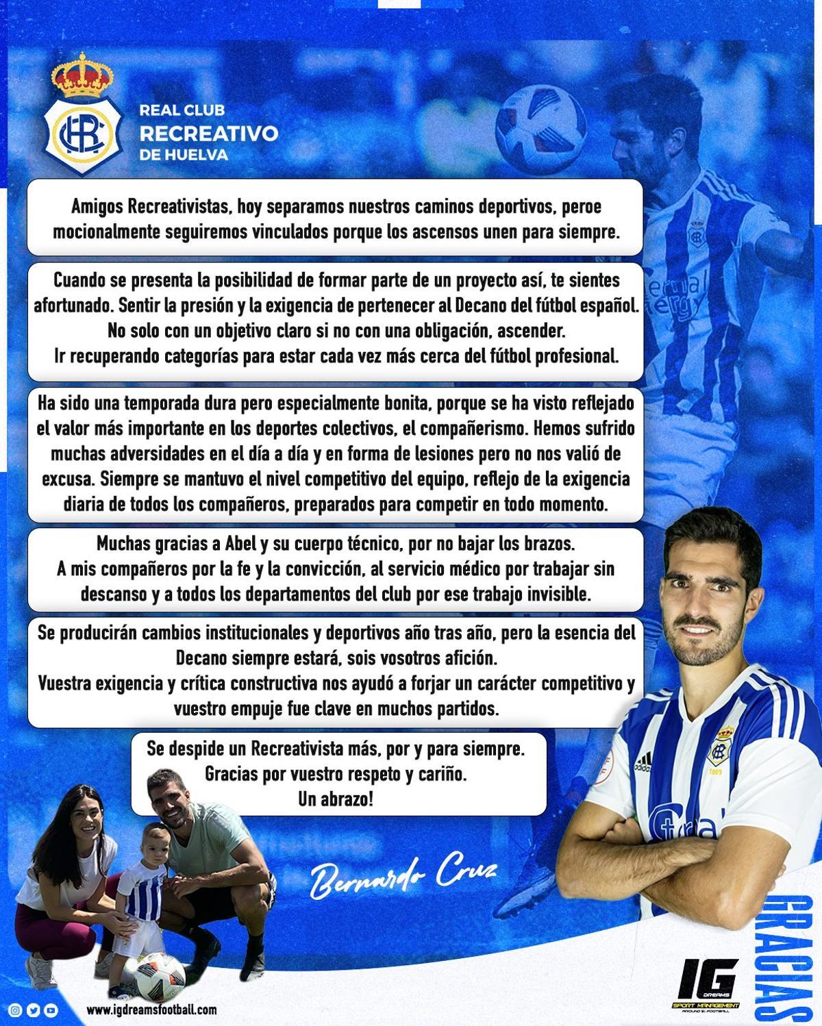 Carta de despedida de Bernardo Cruz del Recreativo de Huelva, difundida a través de sus redes sociales.