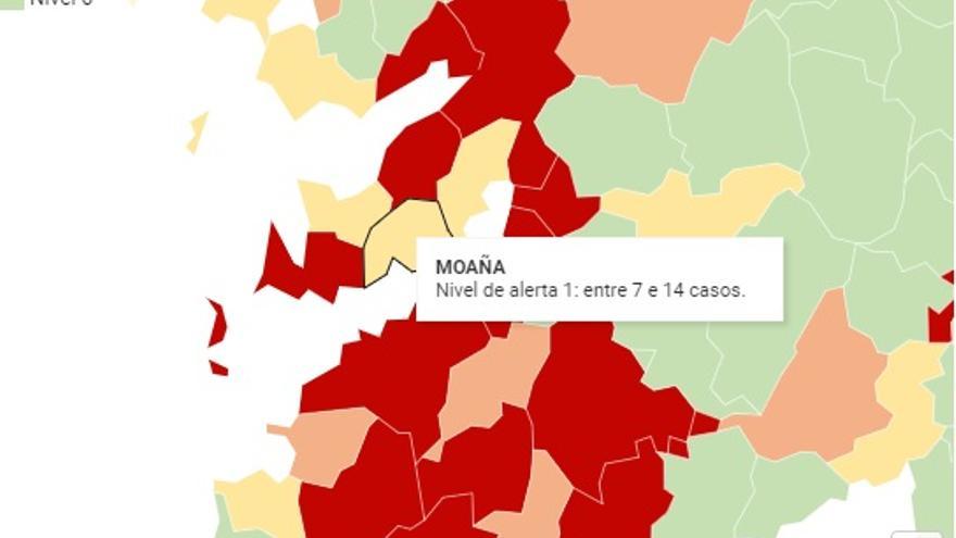 El mapa de alertas con los municipios de O Morrazo.