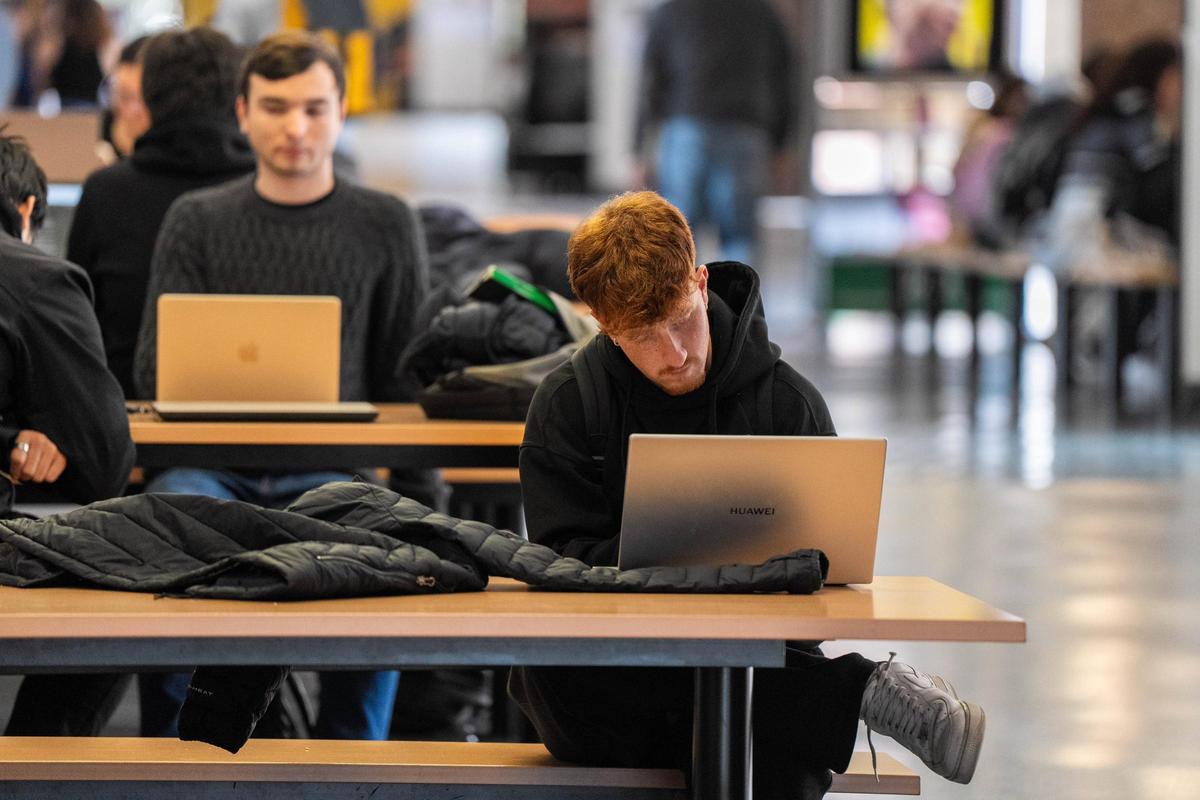 Varios alumnos de la UAB, repasando apuntes en sus ordenadores antes de ir a clase.