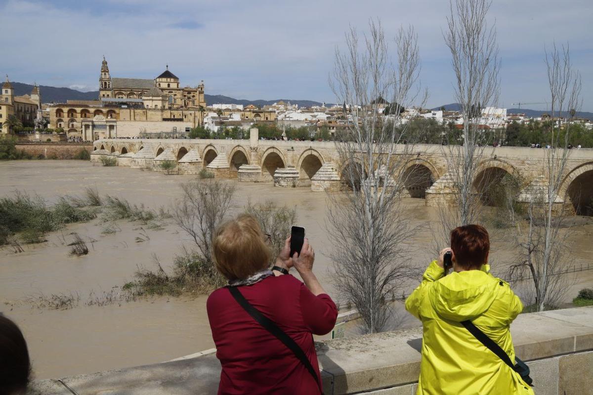 Varias personas fotografían el paso del Guadalquivir por Córdoba, ayer miécoles.