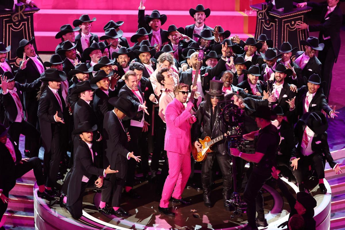Ryan Gosling along with guitarist Slash performs Im Just Ken from the film Barbie during the Oscars show at the 96th Academy Awards in Hollywood, Los Angeles, California, U.S., March 10, 2024. REUTERS/Mike Blake