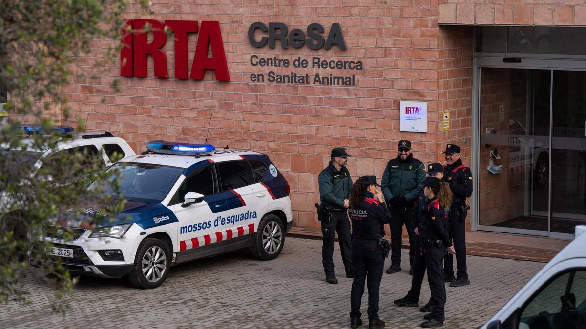 Registro policial en el laboratorio IRTA-CReSA de Cerdanyola, investigado por el origen de la peste porcina
