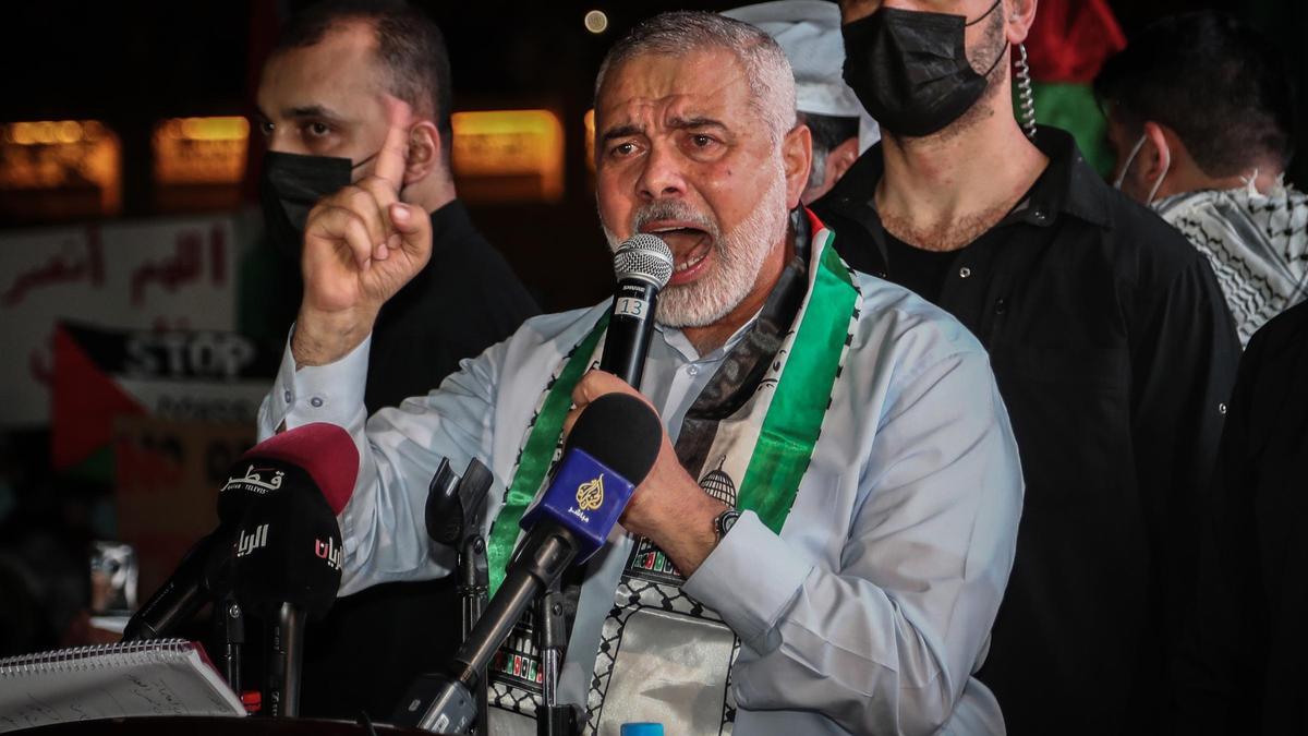 El jefe del buró político de Hamás, Ismail Haniya, durante un mitin en Doha el 15 de mayo de 2021.
