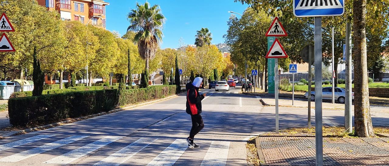 Paso de peatones junto al cruce de la avenida de la hispanidad y la estación de autobuses.