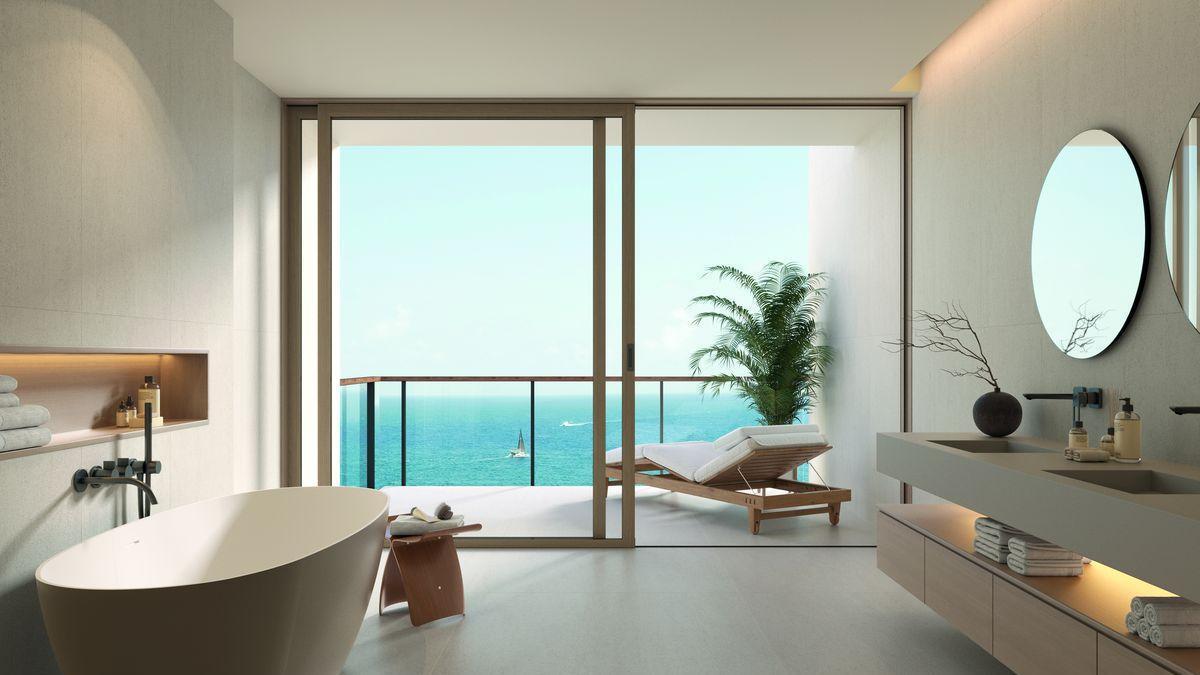 Ambiente ‘Trent White’ en formatos 120x120 y 60x120 para el revestimiento de baños.