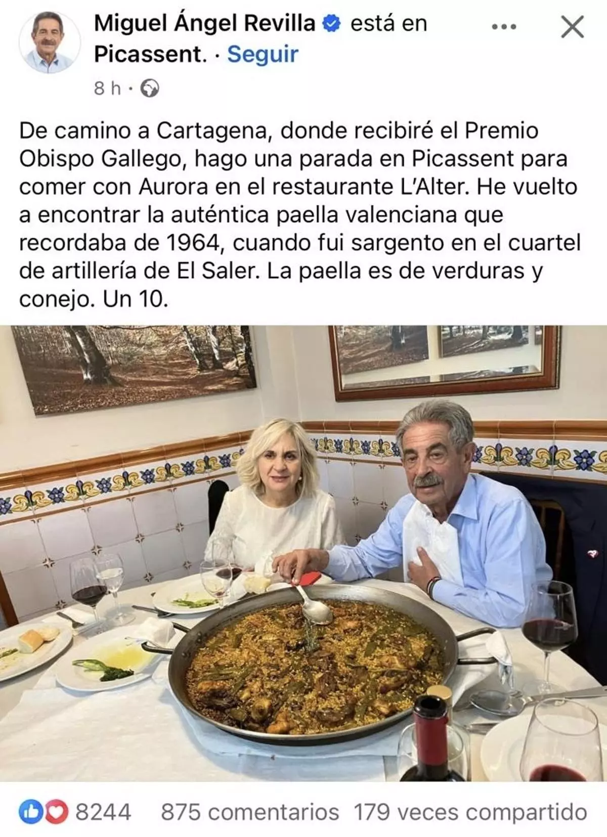 La paella de la que presume Miguel Ángel Revilla a su paso por Valencia