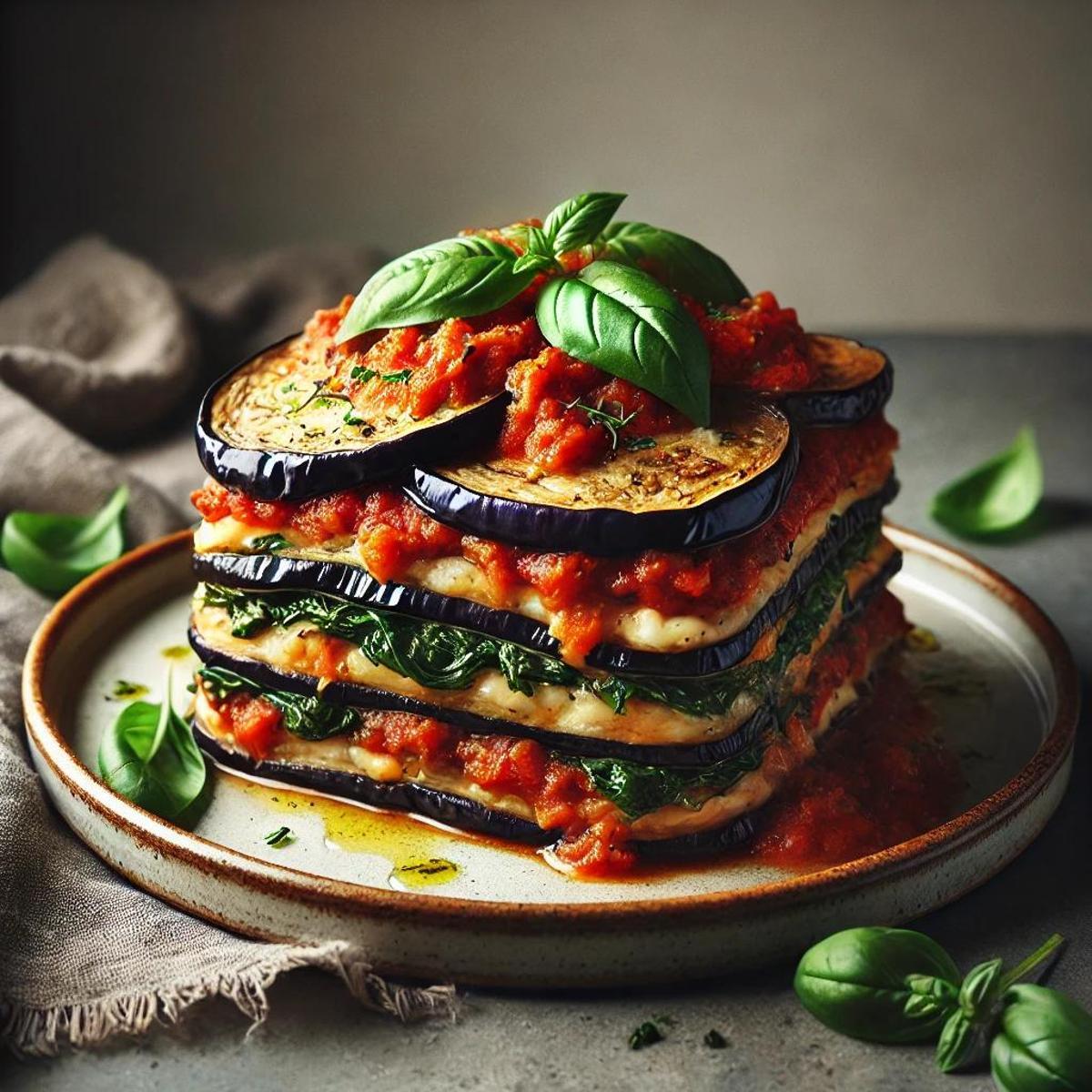 Lasaña de berenjena con salsa de tomate casera y espinacas.