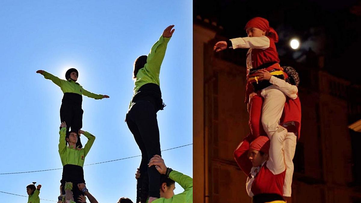 Claudia i Alejandra fent el Pi de 4 a les 
festes de la Mare de Déu de la Salut 
d’Algemesí, amb son pare de segon.  l-emv