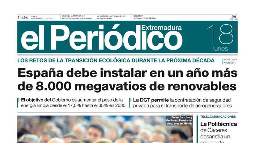 Esta es la portada de EL PERIÓDICO EXTREMADURA correspondiente al día 18 de febrero del 2019