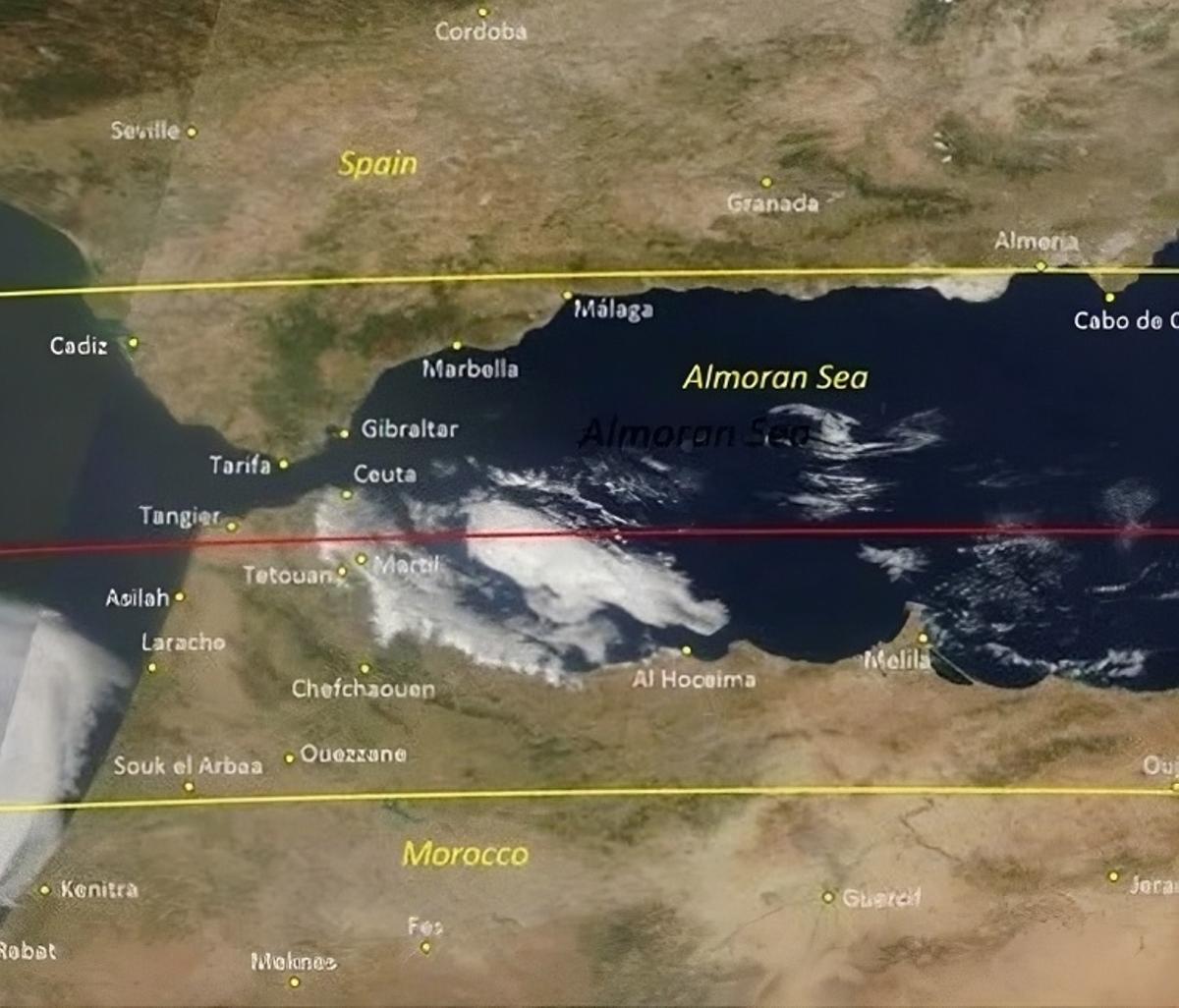 Franjas que marcan donde se verá el eclipse total