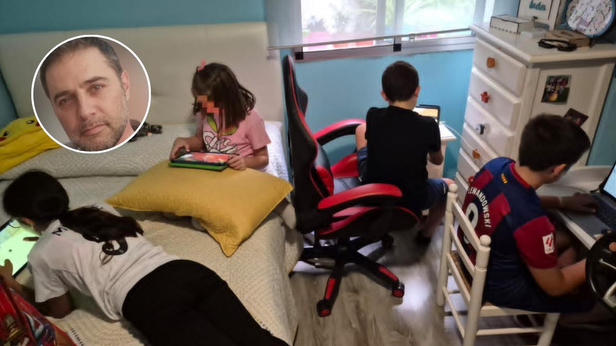 Ismael Montero Calzado, experto en ciberseguridad, junto a cuatro niños jugando con dispositivos electrónicos.