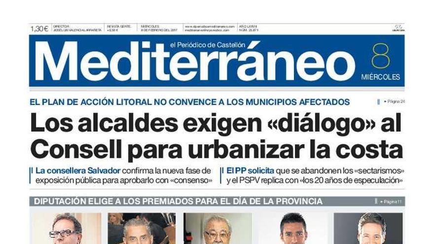 Los alcaldes exigen “diálogo” al Consell para urbanizar la costa, en la portada de Mediterráneo