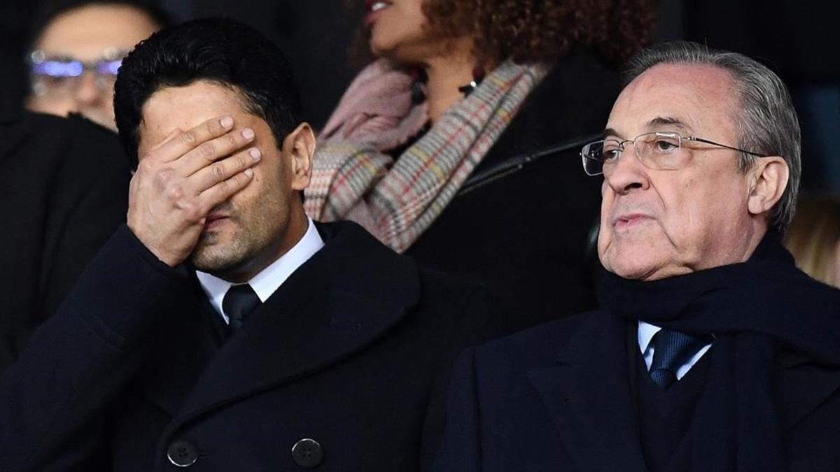 Nasser Al-Khelaifi parece lamentarse, ante Florentino Pérez, del último fracaso de su millonario equipo.