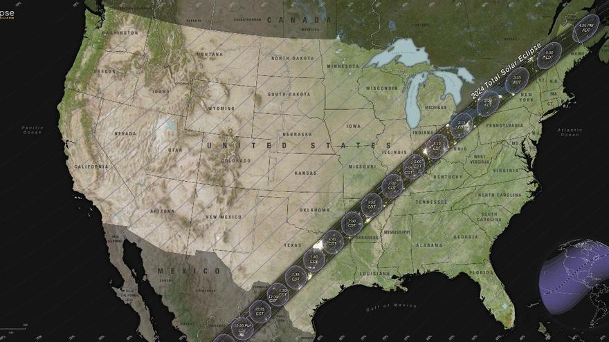 Mapa de la NASA que muestra el recorrido del eclipse del 8 de abril de 2024