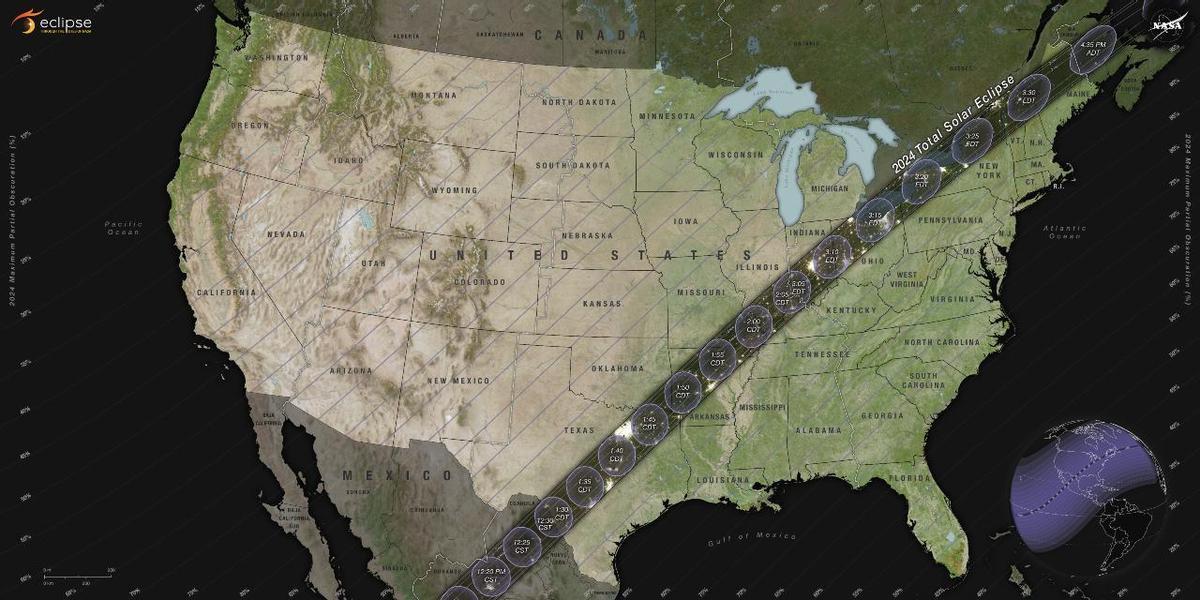 Mapa de la NASA que muestra el recorrido del eclipse del 8 de abril de 2024