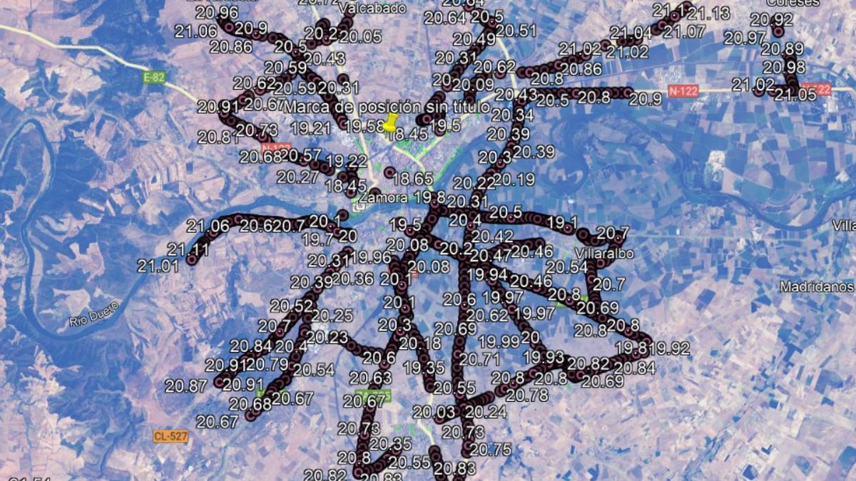 Mapa Contaminación Lumínica en Zamora. Puntos de medida.