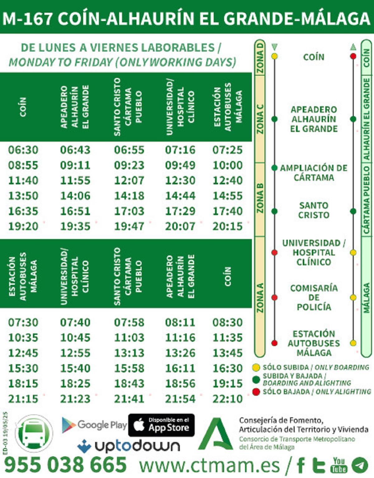 Horario de las nuevas paradas del autobús de la línea M167 en Cártama.