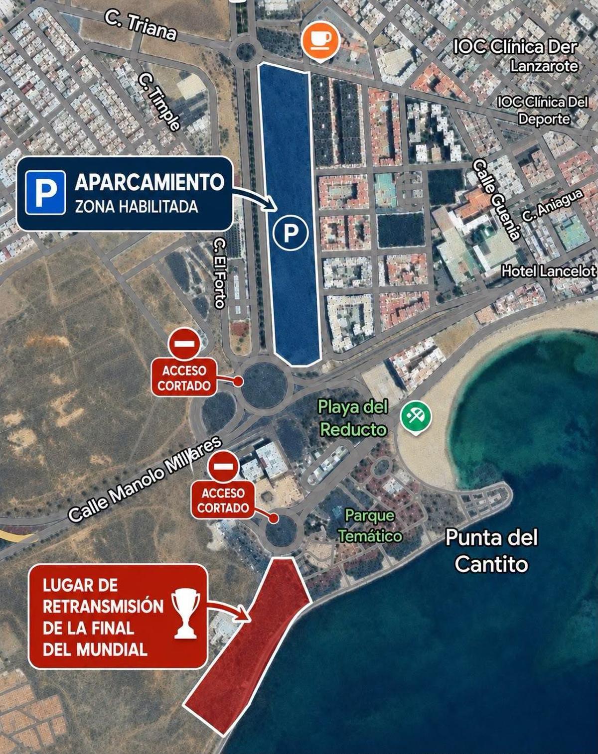 Zona del gran aparcamiento, muy próximo al Parque Temático junto a El Reducto y lugares de acceso restringido a los vehículos durante el domingo 19 de julio de 2026 en Arrecife