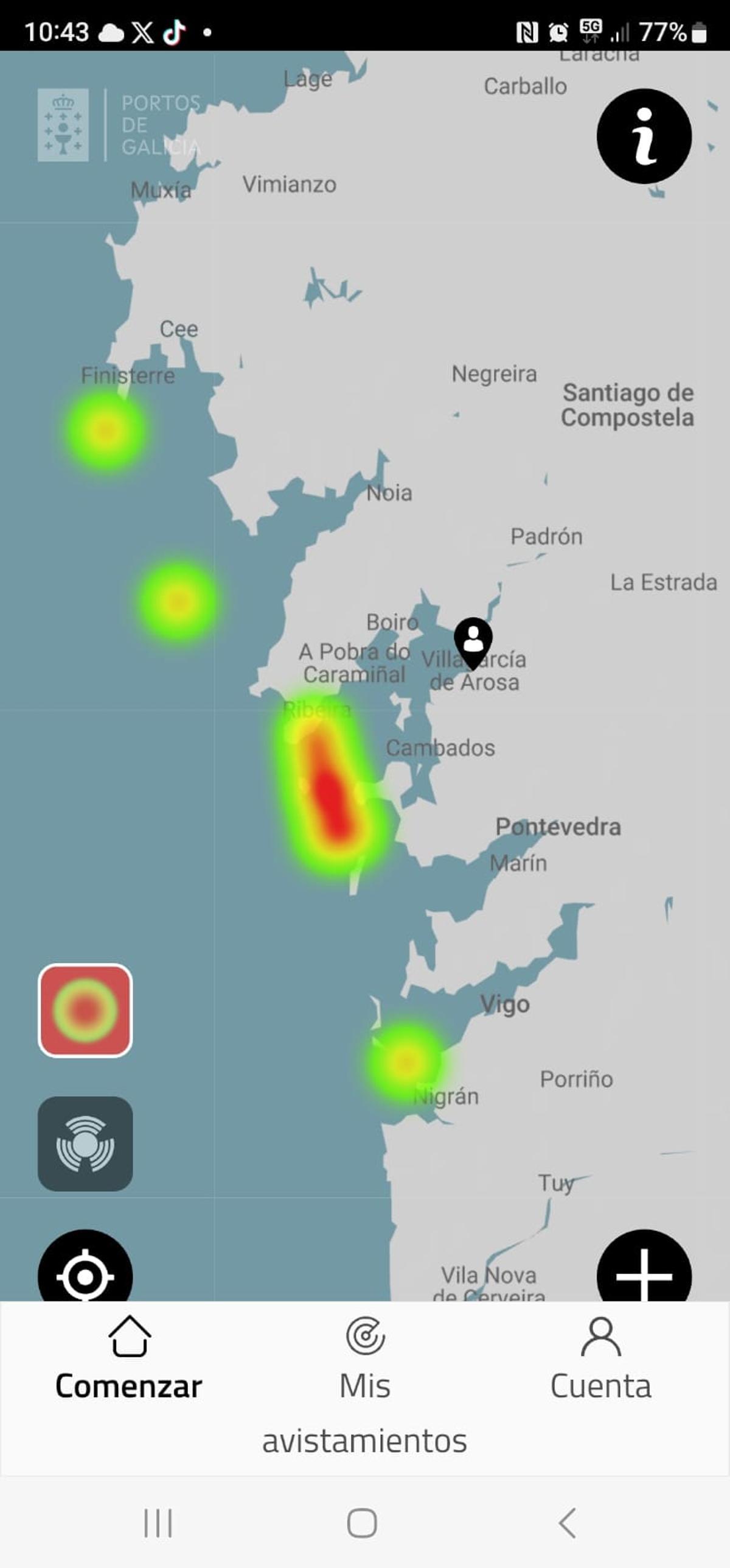 El mapa de calor de la app Orcinus que muestra los últimos avistamientos de orcas en la costa gallega.