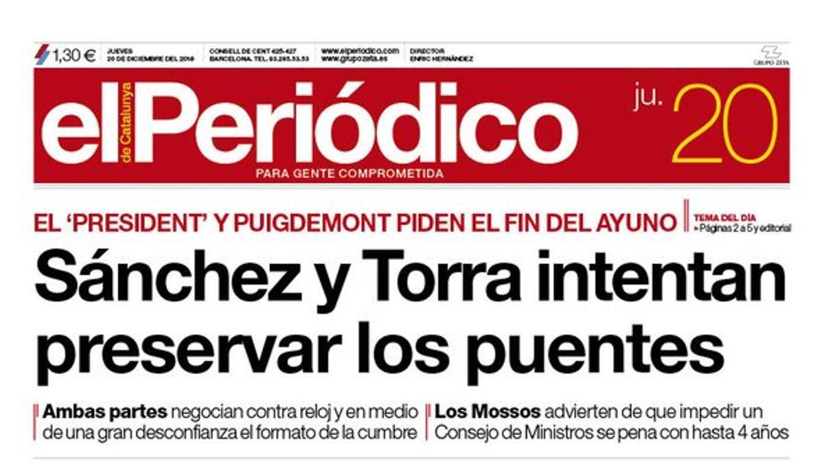 La portada de EL PERIÓDICO del 20 de diciembre del 2018