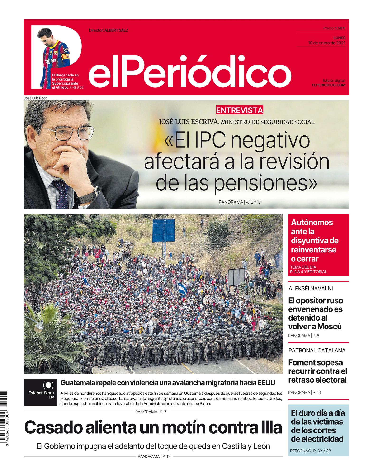 La portada de EL PERIÓDICO del 18 de enero de 2021